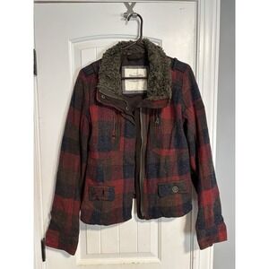 Abercrombie & Fitch Red Blue Plaid Sherpa Collared Full Zip Jacket Size L